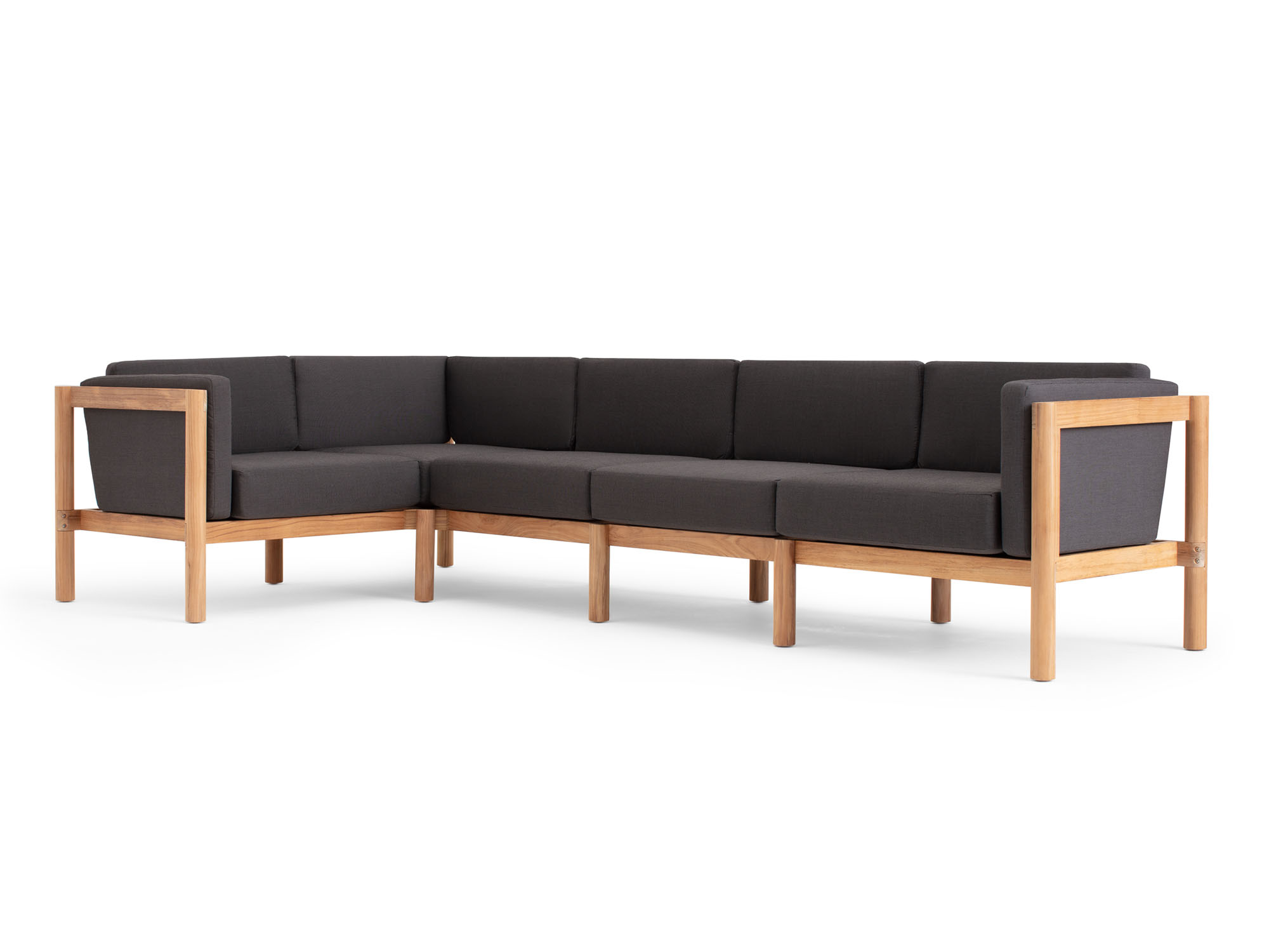 Front angle view of 5-piece outdoor sectional with black arm cushions